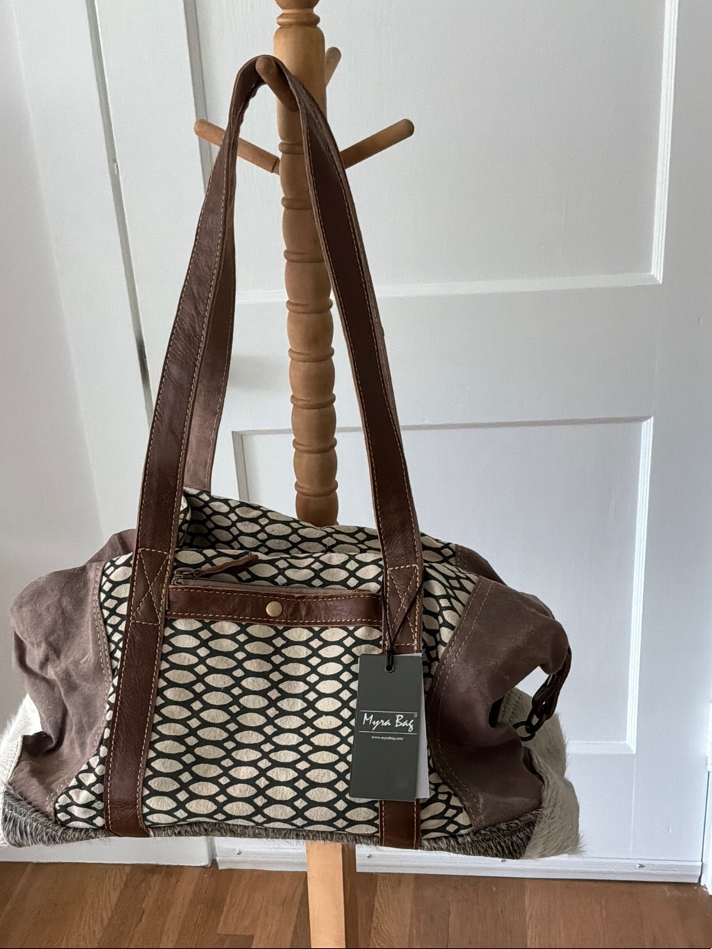 Myra Bag Brown & Cream Honey Bee Patterned Canvas Tote with Leather Trim